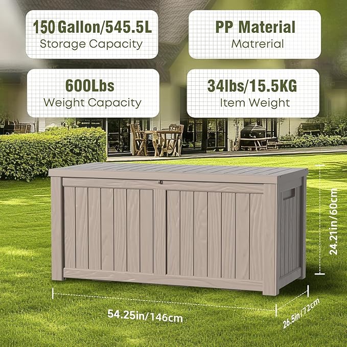 150 Gallon Outdoor Deck Box, Lockable Waterproof Outdoor Storage Boxes For Garden Tools,Indoor Cushions,Accessories Outside Storage Resin Weatherproof Container(Grey) MAIUSCOLI