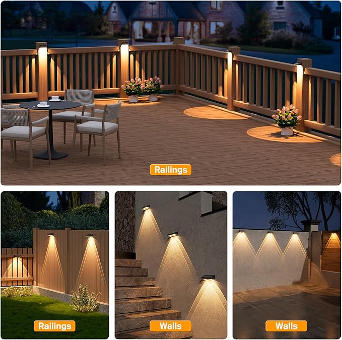 NIORSUN Solar Fence Lights,8 Pack Deck Light,Led Lights Warm White Outdoor Wall Lights,IP45 Solar Powered Light Waterproof for Backyard/Pool/Railing/Patio/Porch/Step/Outside/Garden (Black) NIORSUN