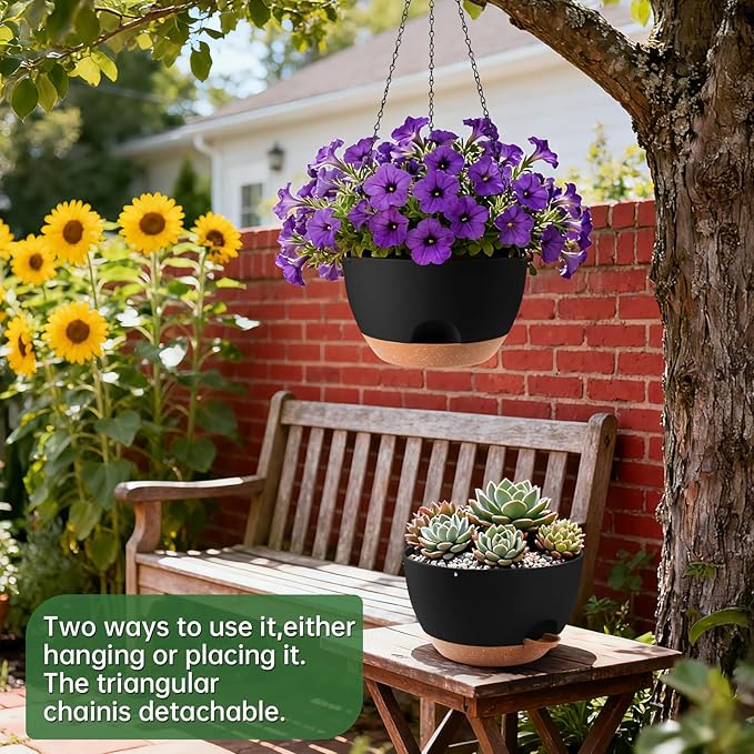 3-Piece Set of 10-Inch Hanging Planters with Automatic Watering System and Drip Tray, Includes Metal Chain, Suitable for Various Indoor and Outdoor Plants and Flowers, Black-Brown Rootora