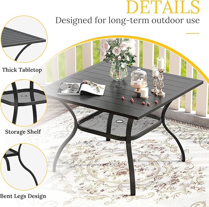 VICLLAX 5 Pieces Patio Dining Set, Outdoor Furniture Set Includes 1 Square Outdoor Table and 4 Stackable Patio Sling Chairs, Black Tabletop and Brown Fabric HOME