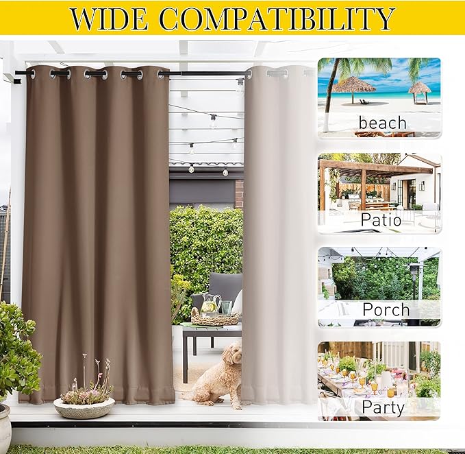 NICETOWN 2 Panels Waterproof Outdoor Curtains for Patio, Windproof W100 x L84 Grommet & Back Tab on Top & Bottom Thermal Insulated Sun Blocking Privacy Drapes with Rope for Gazebo, Tan NICETOWN