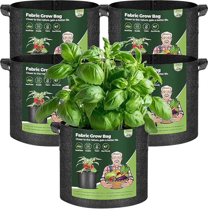 T4U 1 Gallon Grow Bags, Upgrade Grow Bags with Handles, Heavy Duty Thickened Nonwoven Fabric Pots, 1 Gallon Pots for Plants, Herb, Mint, Thyme (5 Pack) T4U