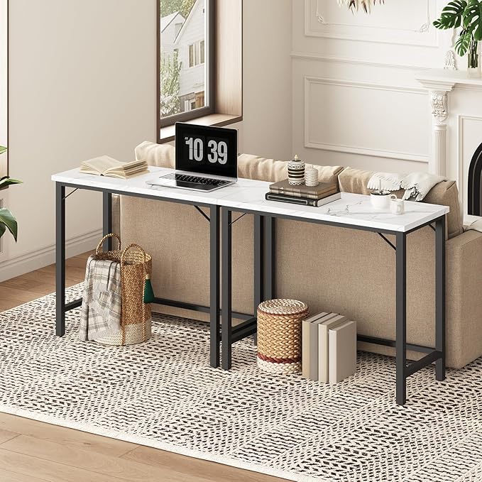 Narrow Bar Table, 63-Inch Pub Table for Dining Room, Counter Bar Tables with Sturdy Metal Frame, Connectable Bar Table, Multifunctional Console Table, Marble and Black BTHM1601 MAHANCRIS