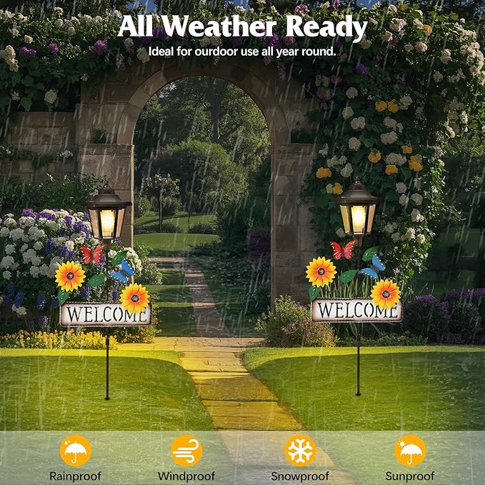 Lewondr Solar Garden Lights Butterfly, 37.4 Inch Solar Lamp Post Light with Welcome Sign & Butterflies, Outdoor Waterproof Solar Stake Lights for Yard Porch Patio Pathway Gardening Gifts, 2 Pack Lewondr