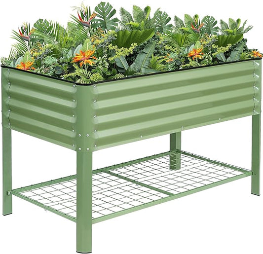 Elevated Raised Garden Bed 2' x 4'- Galvanized Metal Planter Boxes with Legs & Storage Rack, Outdoor Planters for Backyard/Patio/Balcony, with Drainage Holes for Vegetables, Flowers, Herbs, Green GGOODGAIN