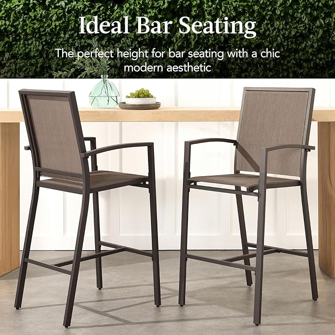 Best Choice Products Outdoor Bar Stools Set of 2, Bar Height, Patio Furniture, All Weather Mesh Design w/Armrest - Brown/Brown BestChoiceProducts