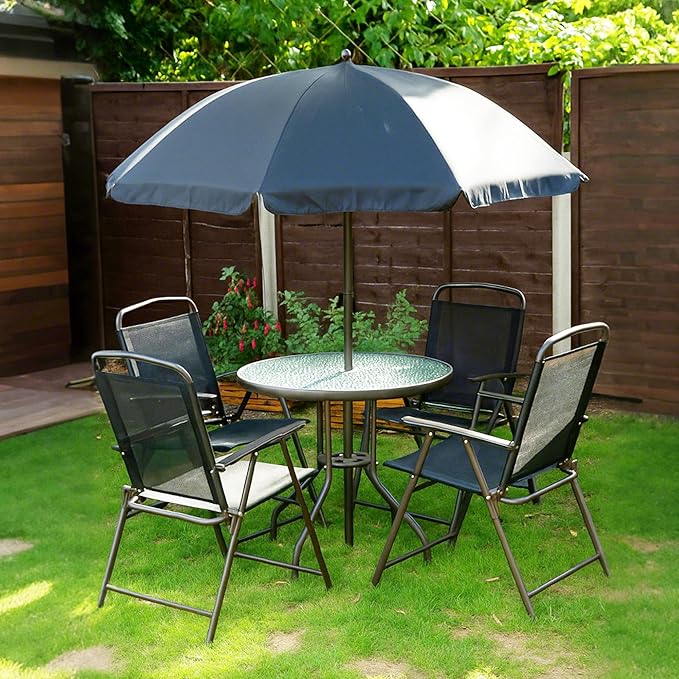 Outsunny 6 Piece Patio Dining Set for 4 with Umbrella, Outdoor Table and Chairs with 4 Folding Dining Chairs & Round Glass Table for Garden, Backyard and Poolside, Black and Coffee Outsunny