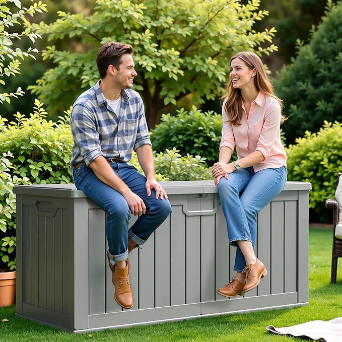 Flamaker Resin Deck Box 250 Gallon, Waterproof Imitation-Wood Lockable Storage Box with Separator Plate Outdoor Indoor, Garden, Patio Furniture for Tools&Pool Accessories (Gray) Flamaker