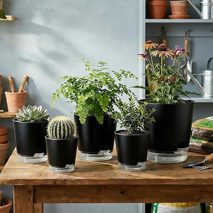GARDIFE 2026 Upgraded Self Watering Plant Pots with Drainage Hole, 7/6.5/6/5.5/5/4 Inch Flower Planting Containers for House Plants, African Violet, Flowers, Cactus (Black, 7+6.5+6+5.5+5+4 inch) GARDIFE
