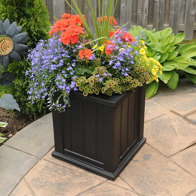 Mayne Cape Cod 16-Inch Square Planter – Self-Watering, Weather-Resistant Planter for Flowers – Durable Outdoor Design for Patio, Porch, or Entryway Mayne