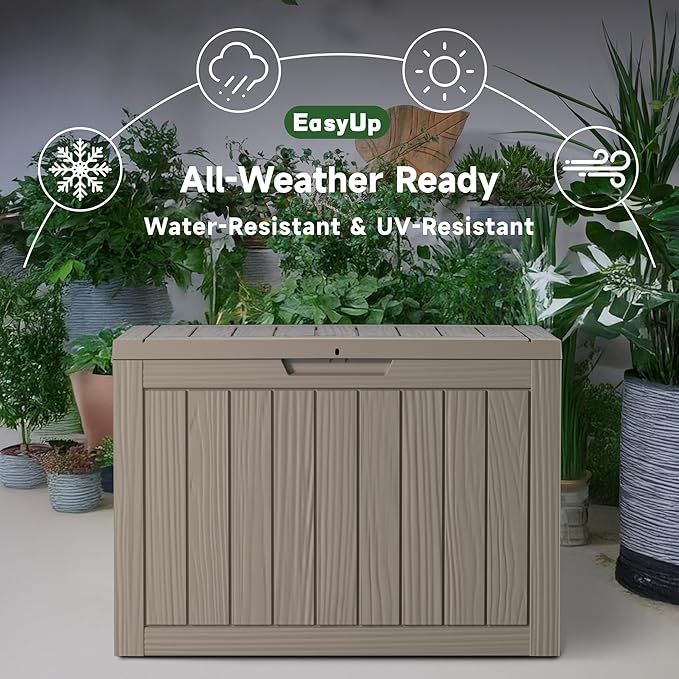 EasyUp 45 Gallon Outdoor Storage Box, Resin Waterproof UV-Resistant Deck Box, Reinforced Stability for Patio, Garden, and Poolside, Striped Gray EASYUP