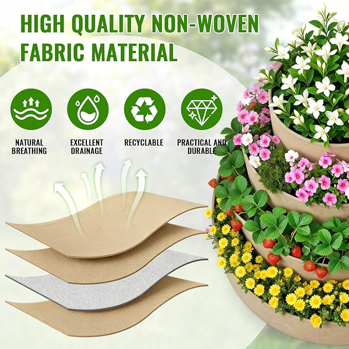 4 Pcs Plant Grow Bags 4 Tiered Strawberry Planter Tower Fabric Raised Garden Beds, 39 Inch Nonwoven Strawberry Pyramid Planter for Vegetables Flower Herbs Gardening Outdoor Growing (Khaki) Rootora