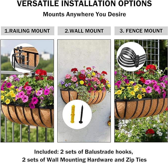 16“ Window Box Railing Planter with Coco Liner Metal Wall-Mounted Coconut Liner Planter Basket English Horse Trough Planters for Outdoor Deck Balcony Porch Fence Patio Black (2 Pack) KIDYBELL