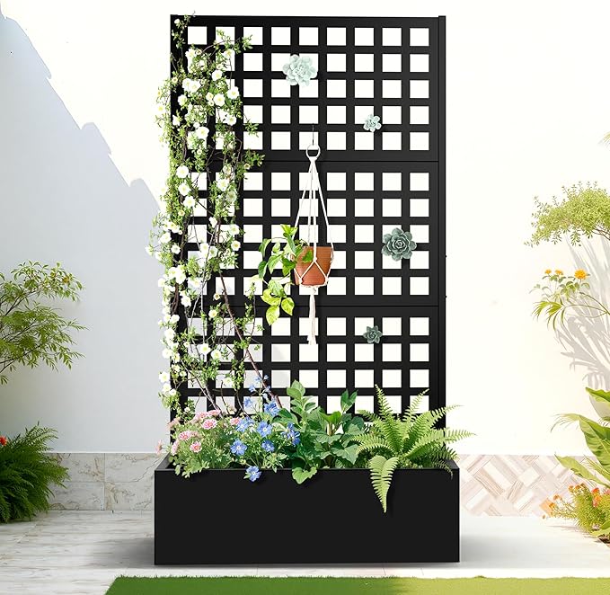 FENCY Metal Raised Garden Bed with Trellis, Metal Planter Box with Trellis, Garden Box for Climbing Plants Vegetable, 35''Lx16''Wx71''H Garden Bed with Drainage Holes(Black) FENCY