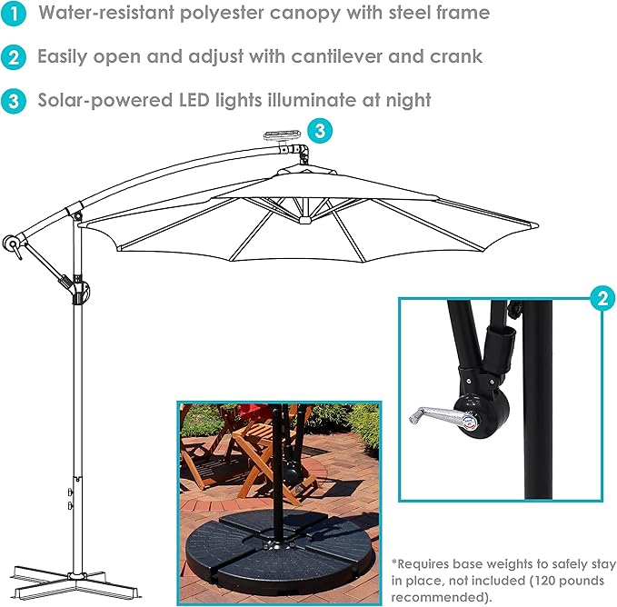 Sunnydaze 10' Solar Offset Patio Umbrella - Solar Cantilever Umbrella Outdoor with LED Lights - Polyester Shade, Air Vent, & Cross Base SunnydazeDecor