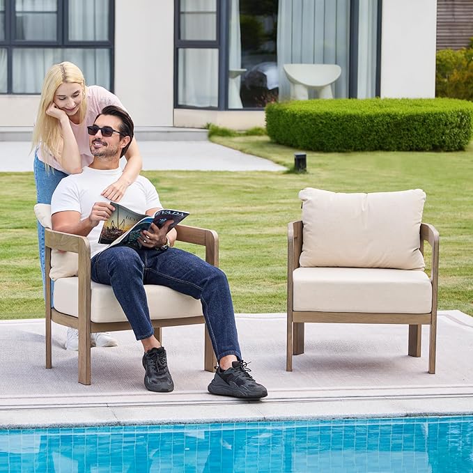 Outdoor Furniture Set, 2Pcs Patio Armchairs, Metal Modern Outside Furniture with 6'' Thick Cushions, Outdoor Conversation Set Balcony Chairs for Backyard, Porch,Deck, Beige COMLAXFIELD
