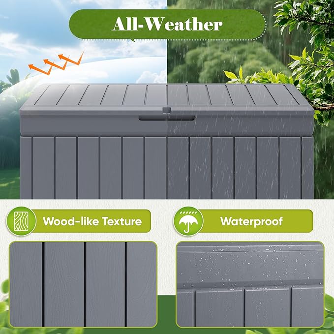 Flamaker Outdoor Storage Box 80 Gallon Resin Waterproof Deck Box Delivery Box with Wood Texture Large Storage Bin for Patio Cushions, (Grey) Flamaker