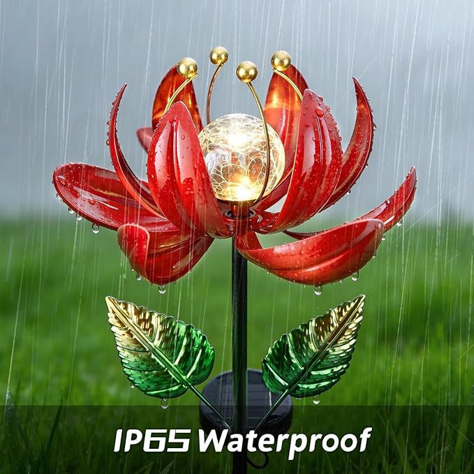Solar Lights Outdoor Garden Decor, Solar Wind Spinner Yard Decorations Gifts for Outside, Lotus Windmill Pathway with LED Cracked Crystal Ball Waterproof Flower Sculpture for Patio Lawn AIINY