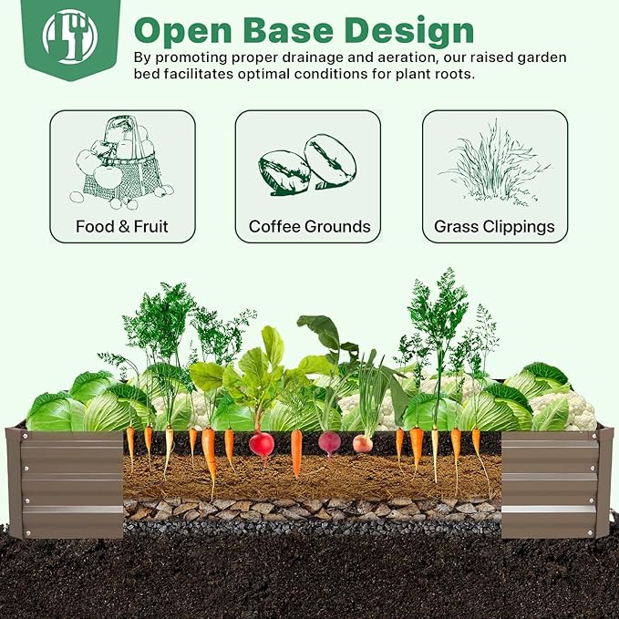 ONCEMORE Galvanized Raised Garden Bed for Vegetables Flowers Herbs, Metal Raised Garden Bed Kit with 2 PCS Tomato Cage, Gloves, Trellis Netting, Plant Labels, Plant Ties, Brown 6×3×1FT ONCEMORE
