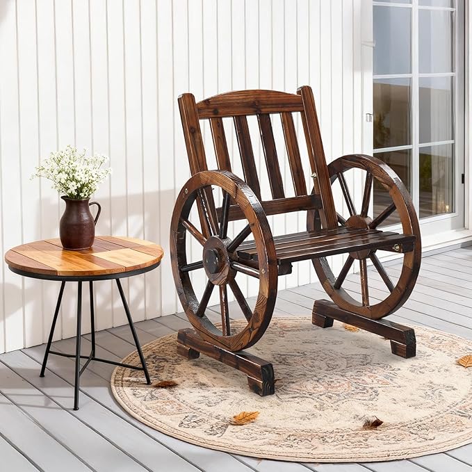 VINGLI Rustic Wooden Patio Chair with Wagon Wheel Armrests, Outdoor Dining Chairs Solid Wood Frame Seating for Farmhouse Garden Porch Lawn Balcony (Rustic, Chair) VINGLI