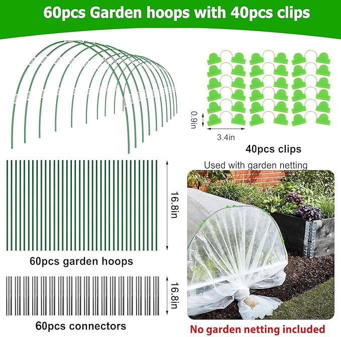 60pcs Garden Hoops for Raised Beds Wide, 8ft Greenhouse Hoops Grow Tunnel for Row Cover Netting, Adjustable Fiberglass Rust-Free Garden Bed Plant Hoops Support DIY Frame Stake for Outdoor, 40pcs Clips FuBegi