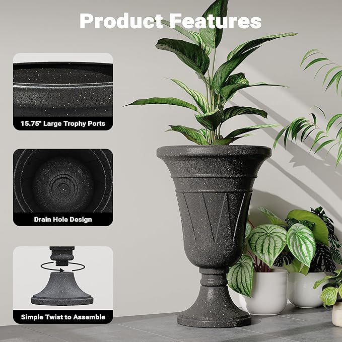 23" Tall Planters for Outdoor Plants Set of 2, Planter with Drainage Holes and Trophy Design, Large Outdoor Planters for Porch, Garden, Black Rootora