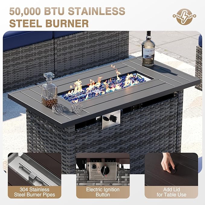Aoxun Patio Furniture Sets, 12-Piece Outdoor Patio Furniture with 44'' Propane Gas Firepit Table, Wicker Outdoor Conversation Set Sectional Sofa for Backyard, Poolside, Garden Aoxun