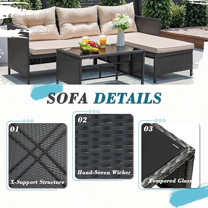 Greesum 3 Piece Patio Furniture Set Outdoor Wicker Rattan Sectional Sofa with Cushions & Coffee Table for Yard, Garden, Porch, Poolside, Light Beige BuynowfromGreesum