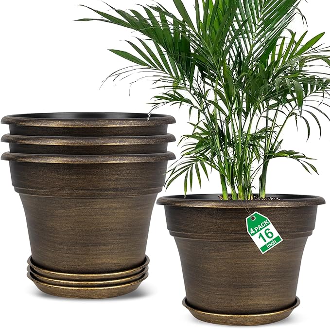 16 inch Plant Pots Outdoor Planters，4 Pack Large Plastic Flower Pot For Indoor Plants With Drainage Holes & Saucer, Resin Decorative Container Sets With Trays For House Outdoor Garden Plant Dark Gold Fodetyff