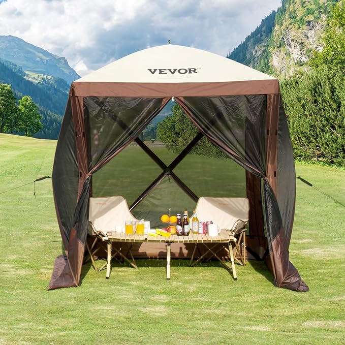 VEVOR Pop Up Gazebo Tent, Pop-Up Screen Tent 4 Sided Canopy Sun Shelter with 4 Removable Privacy Wind Cloths & Mesh Windows, 6x6FT Quick Set Screen Tent with Mosquito Netting, Brown VEVOR