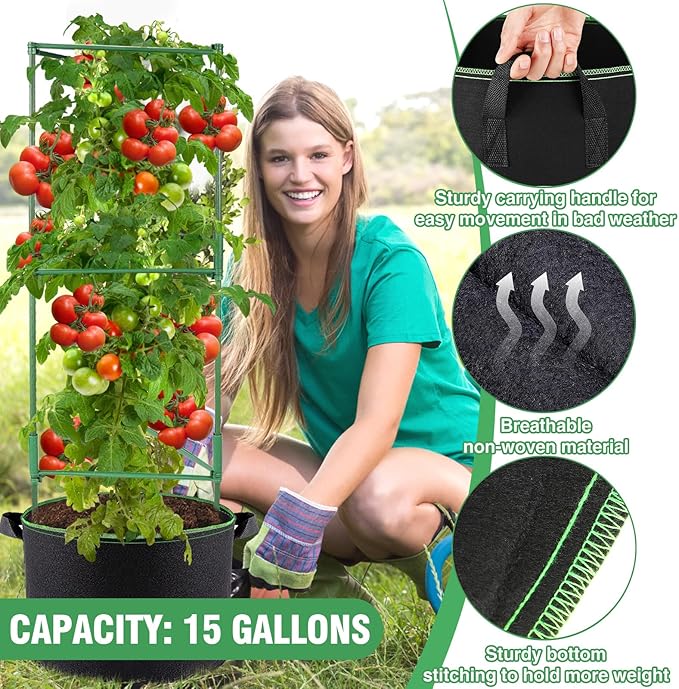 ANPHSIN 3 Sets Tomato Cages with 15 Gallon Grow Bags - 48" Stable Plant Garden Planter, Flowers Vegetable Trellis Pots for Tomato Vertical Climbing Plants Vines ANPHSIN