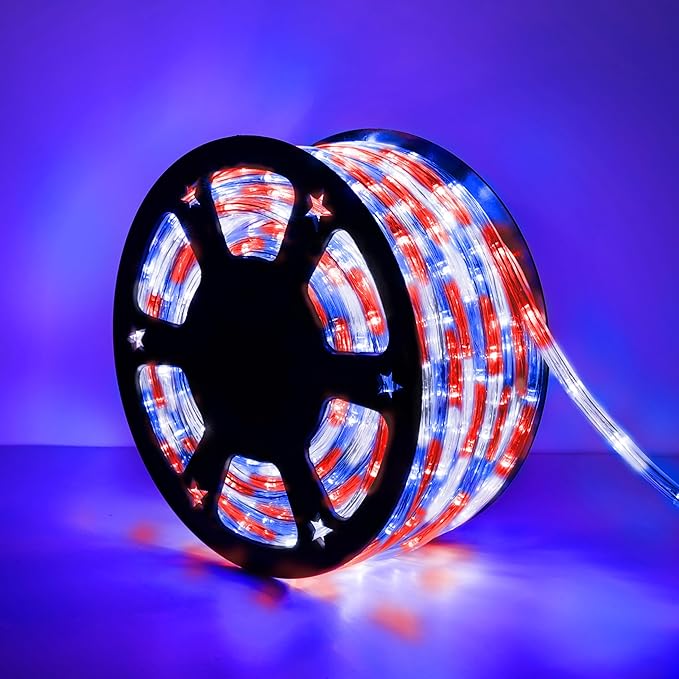 50ft LED Rope Lights Outdoor,360 LED Connectable & Flexible Tube Lights with 8 Modes, Waterproof LED Rope Lighting for Independence Flag Day, Memorial Day, Outdoor,Indoor Decor (Red & White & Blue) Jnaurb