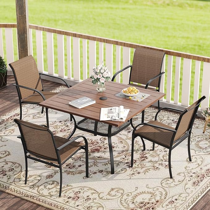 VICLLAX 5 Pieces Patio Dining Set, Outdoor Furniture Set Includes 37.8" Square Outdoor Table and 4 Stackable Patio Sling Chairs, Walnut Tabletop and Brown Fabric HOME