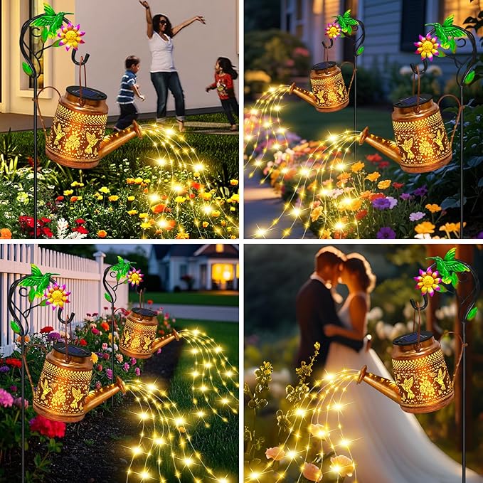 Solar Lights Outdoor Waterproof Garden Decor,Solar Watering Can Lights Hummingbird lanterns,Birthday Gifts for Mom Women,Decorative Outside Metal Hanging Fairy String Light for Yard Art Patio Porch EDOF