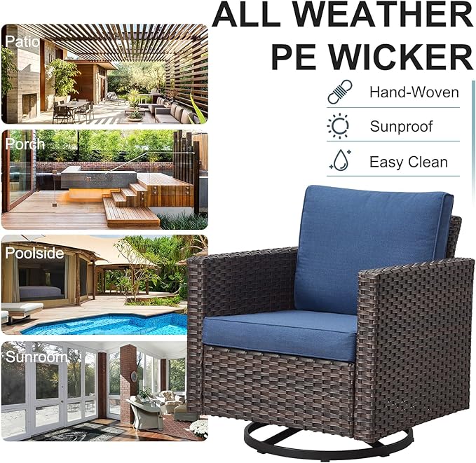 Belord 6 Piece Outdoor Furniture Patio Wicker Sofa Set, Oversize Outdoor Swivel Rocker Chairs with Rattan Ottomans, Conversation Sets Patio Furniture Come with Removable Washable Cushion Blue, Brown Belord