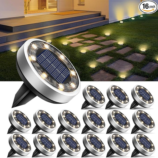 btfarm 16 Pack Solar Lights Outdoor, 8 LED Solar Ground Lights IP65 Waterproof Flat Solar Disc Light, Pathway Lights for Garden Lawn Patio Yard Path Landscape, Warm White btfarmdecorativelighting