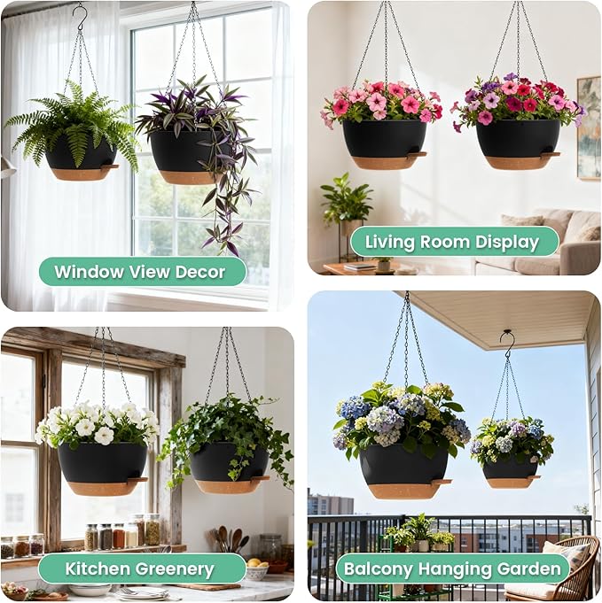 13 Inch 2 Pack Large Self Watering Hanging Planters for Indoor Outdoor Plants, Hanging Plant Pots with Removable 50 Oz Reservoir, Plastic Hanging Basket for Window Porch Garden, Black with Brown UOUZ