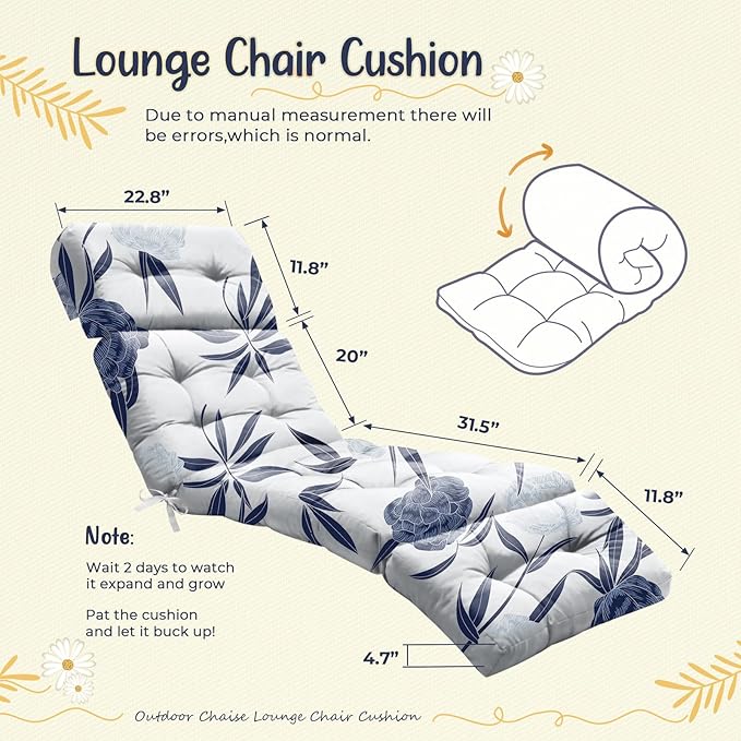 Outdoor Chaise Lounge Chair Cushion 75.1 x 22.8 x 4.7 Inches 100% Waterproof Replacement Cotton Patio Pool Lounge Chair Cushion for Outdoor Furniture with Ties, Blue Enchantress Uthem