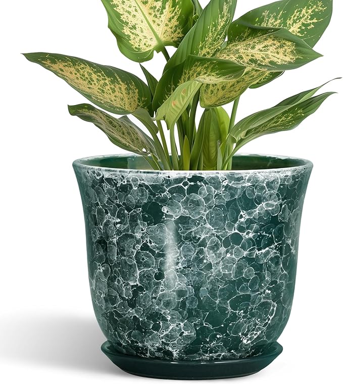 Ceramic Pots for Plants - 5.6 Inch Planter for Indoor Outdoor, Small Flower Pot with Drainage Hole and Saucer, Round Modern Succulent Planters, Home Room Desk Decor, Women Gifts, Green SUNPOTFOR