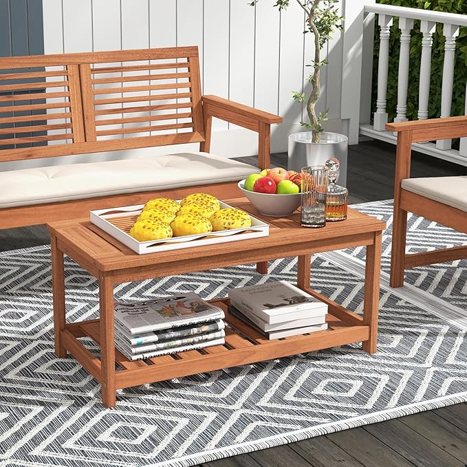 Tangkula Wood Outdoor Coffee Table, 2-Tier Patio Coffee Table with Slatted Hardwood Tabletop & Storage Shelf, Rectangle Wood Table for Deck, Garden, Balcony, Indoor or Outdoor Use (Natural) TANGKULA