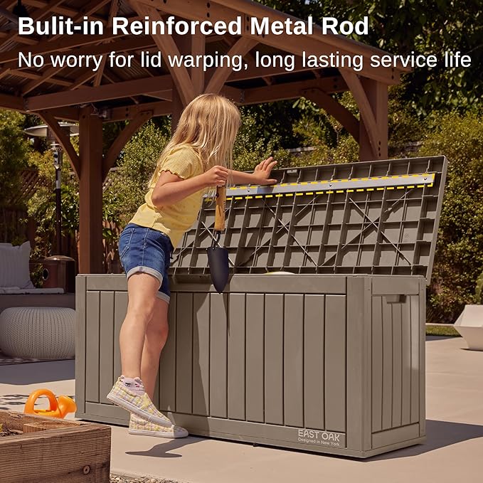 EAST OAK Outdoor Storage Box, 60 Gallon Deck Box Indoor and Outdoor Use, Waterproof Resin Storage Bin for Patio Cushions, Gardening Tools, Lockable, UV Resistant, Brown EASTOAK