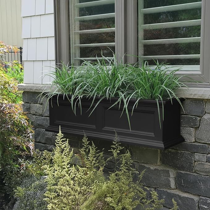 Mayne Fairview 3ft Durable Self Watering Window Box Planter with Wall Mount Brackets, UV & Weather Resistant, Double Wall Design, New England Architecture for Outdoor Décor, Black Mayne