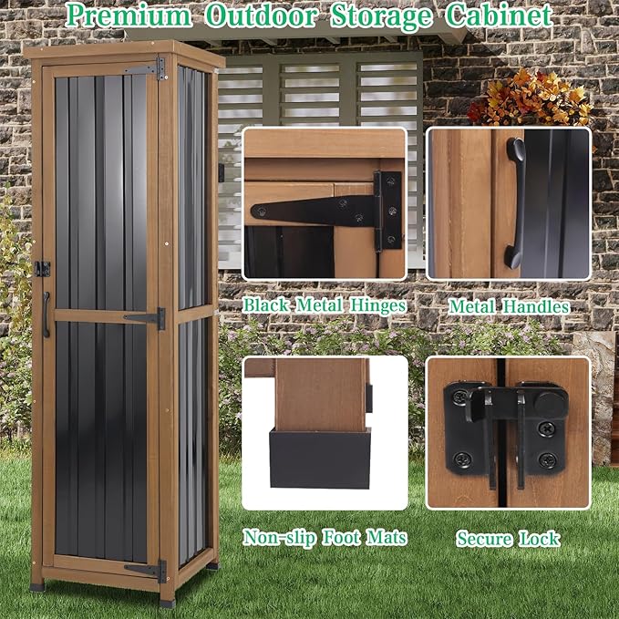 Outdoor Storage Cabinet Weatherproof, Tall Wood Garden Potting Bench Table with Removable Shelves, Metal Top, Outdoor Patio Cabinet Work Station for Tool Accessories,17.8''x17.8''x62'' MAGAZOOPET