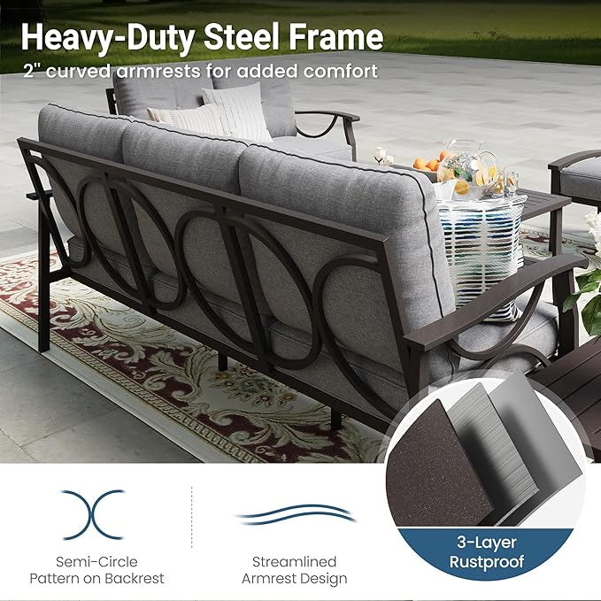 RoyalCraft 3 Seats Outdoor Patio Furniture Set, Outdoor Metal Sectional Furniture with Cushions, Outdoor Conversation Set with Coffee Table for Balcony, Backyard, Garden, Deck, Grey Bringyoubetterlife