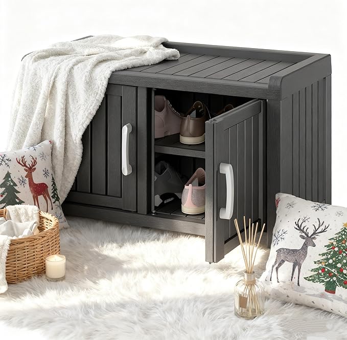2-Tier Storage Bench, Waterproof UV-Resistant Outdoor Shoe Storage Cabinet with 2 Doors & Adjustable Shelves for Indoor Outdoor Entryway, Hallway, Living Room (Midnight Black) NBYSGO