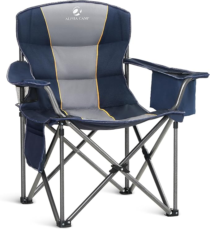 ALPHA CAMP Heavy Duty Camping Chair 500LBS Capacity, Oversized Folding Chair for Heavy People, Padded Portable Outdoor Chair with Cooler Bag & Cup Holder for Camping, Fishing, Beach ALPHACAMP