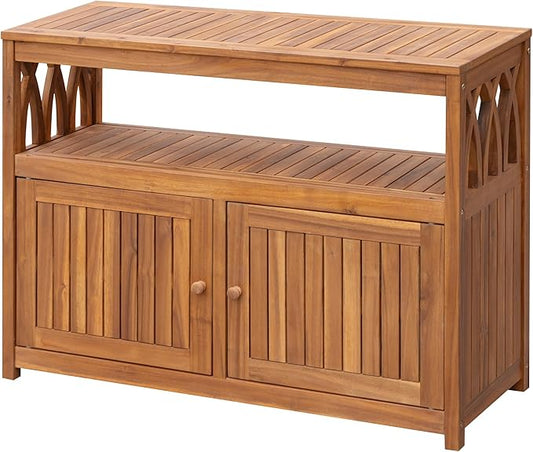 Greesum 2-Tier Outdoor Storage Cabinet in Acacia Wood, with 2 Magnetic Doors, for Garden, Picnic, Buffet, TV Stand, or Bar Table, Brown BuynowfromGreesum