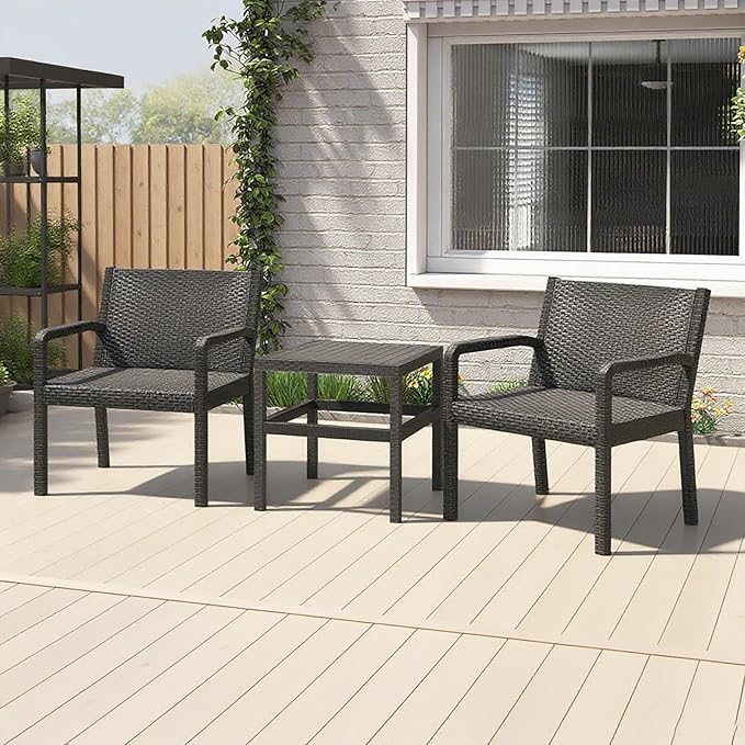 COSTWAY 3 Piece Patio Furniture Set, Outdoor PP Rattan Wicker Furniture Set with 2 Modern Rattan Armchair and 25” Squire Side Table for Patio, Garden, Poolside, Bistro, Black COSTWAY