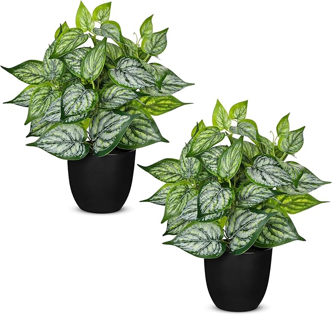 14.5" Artificial Plants Indoor Home Decor, Fake Potted Silk Plants for Shelves Living Room Decorative, Small Artificial Office Desk Plant in Pots, Faux Potted Greenery Tropical House Plant, Set of 2 VillaComo