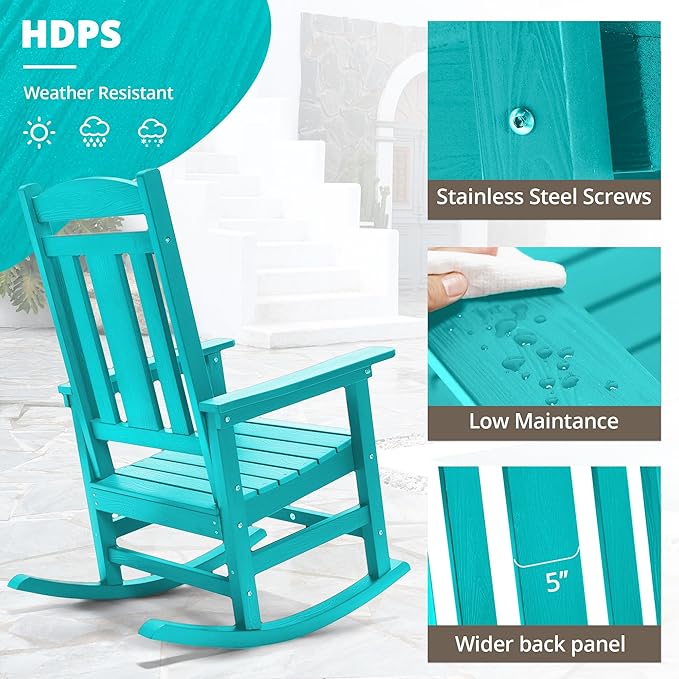 LUE BONA Outdoor Rocking Chairs Set of 4, HDPS Porch Rocker with High Back, Plastic Weather Resistant Rocking Chairs for Outdoor Indoor, Garden, Backyard, 350lb, Aruba Blue LUEBONA